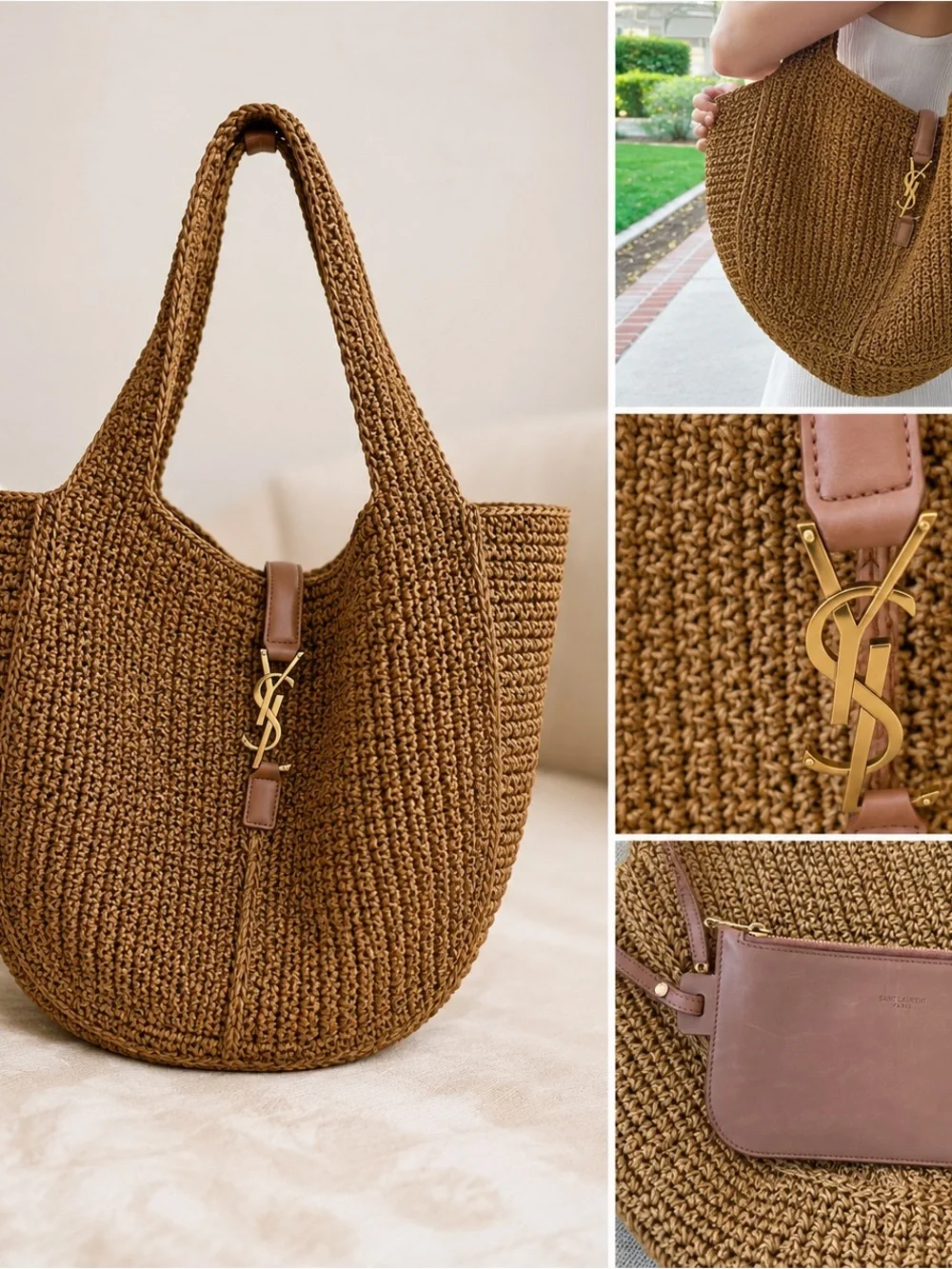 Yves Saint Laurent Brown Woven Tote with Gold Logo